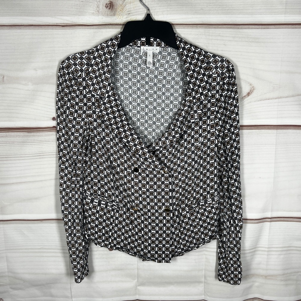 Leith Double Breasted Blazer Womens Small White Geometric Crop Long Sleeve Mod